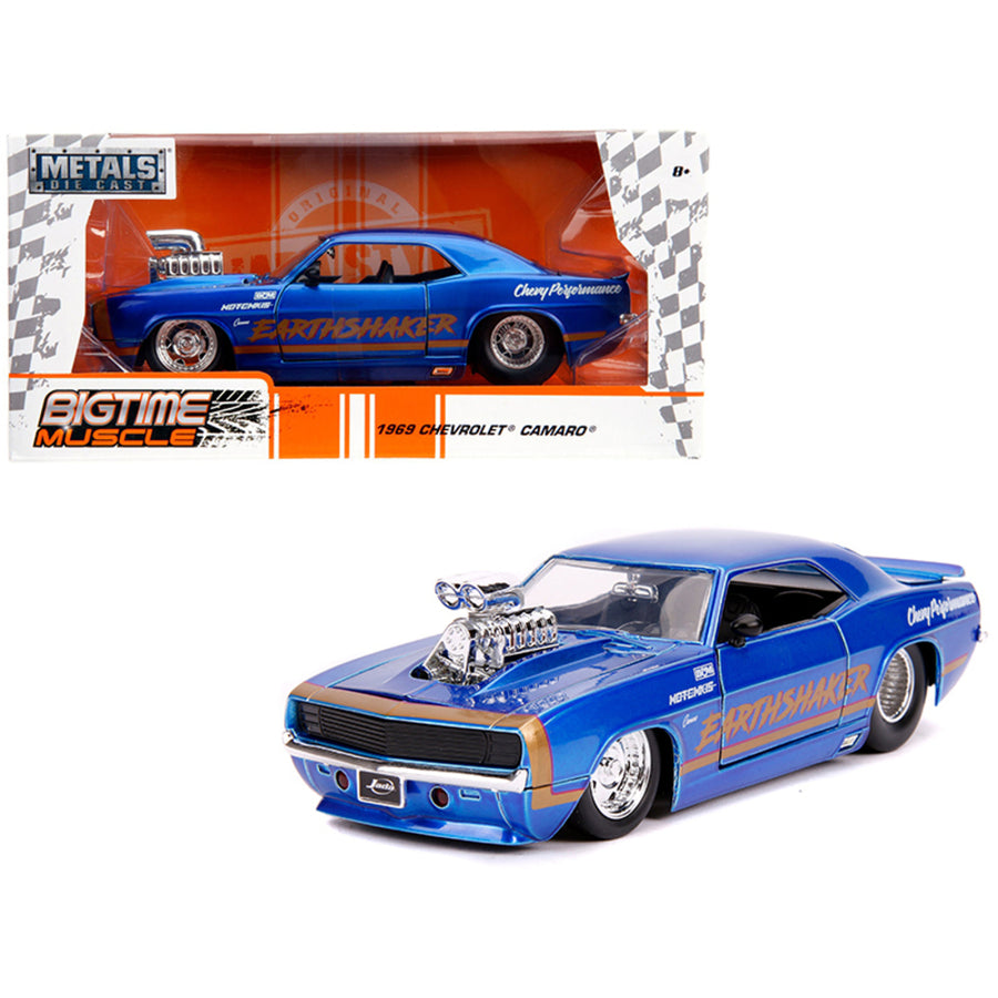 1969 Chevrolet Camaro Earthshaker Candy Blue With Gold Stripe Bigtime Muscle 1/24 Diecast Model Car By Jada 31323