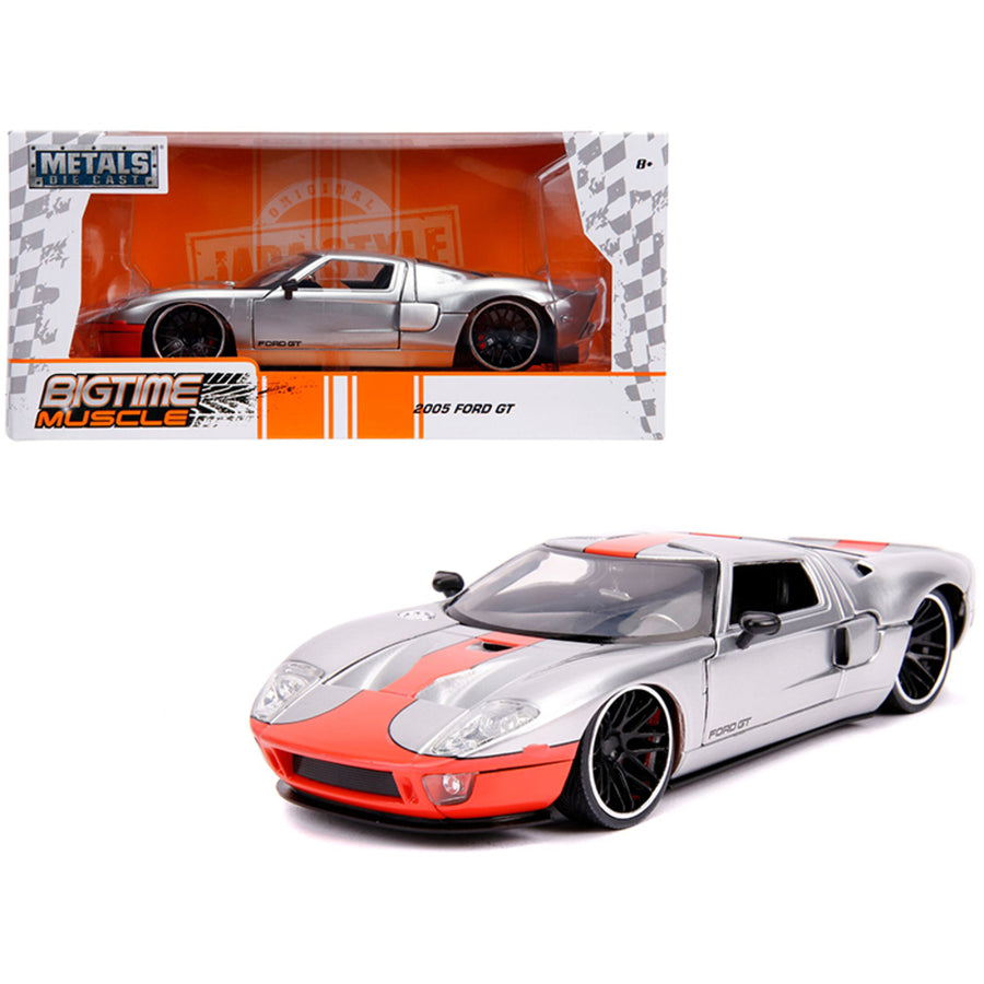2005 Ford Gt Silver With Orange Stripe Bigtime Muscle 1/24 Diecast Model Car By Jada 31324