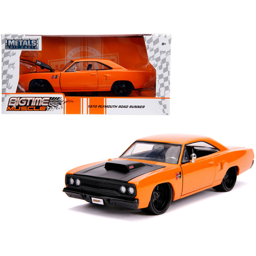 1970 Plymouth Road Runner Orange With Black Hood Bigtime Muscle 1/24 Diecast Model Car By Jada 31325