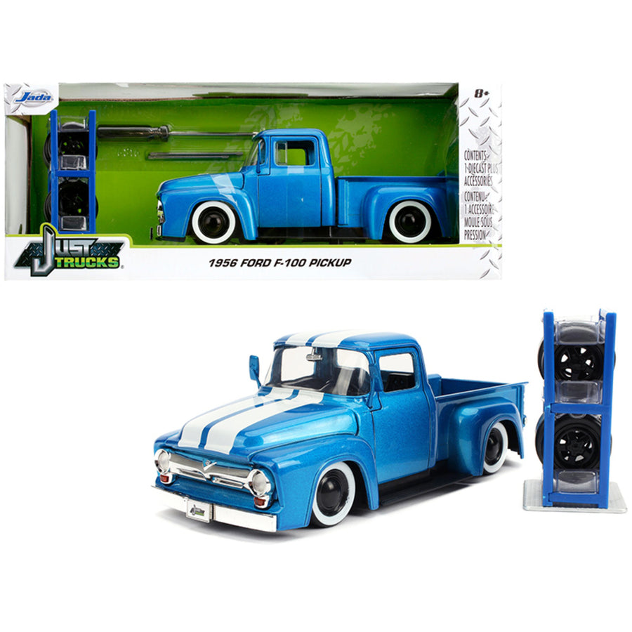 1956 Ford F-100 Pickup Truck Metallic Light Blue With White Stripes And Extra Wheels Just Trucks Series 1/24 Diecast Model Car By Jada 31541
