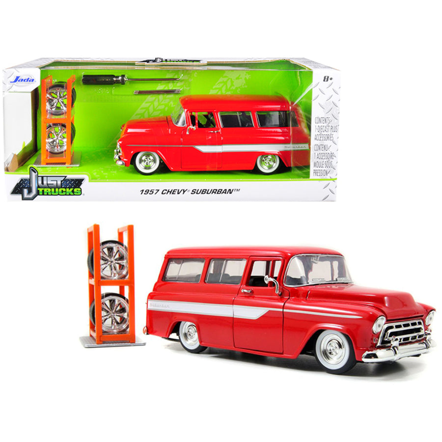 1957 Chevrolet Suburban Red With White Stripes And Extra Wheels Just Trucks Series 1/24 Diecast Model Car By Jada 96986