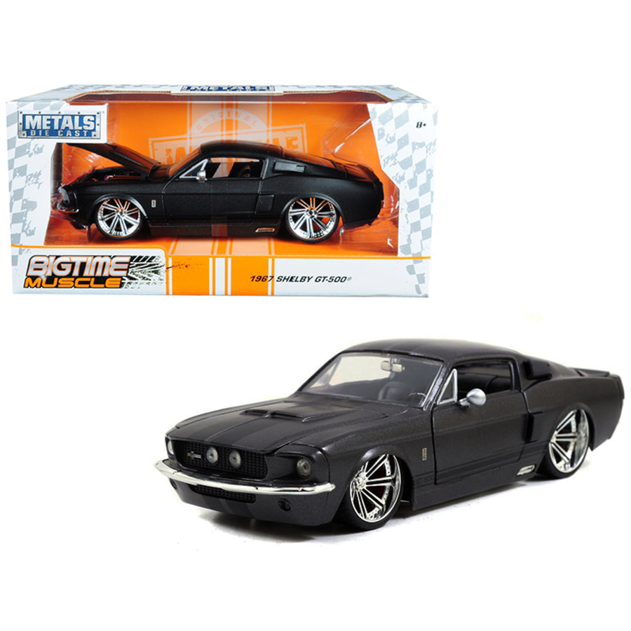 1967 Ford Mustang Shelby Gt500 Matt Dark Gray With Black Stripes 1/24 Diecast Model Car By Jada 97411