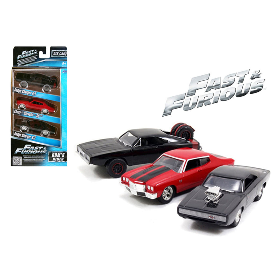 Fast And Furious Doms Rides Dodge Chargers And Chevelle 3 Pack Set 1/55 Diecast Model Cars By Jada 97426