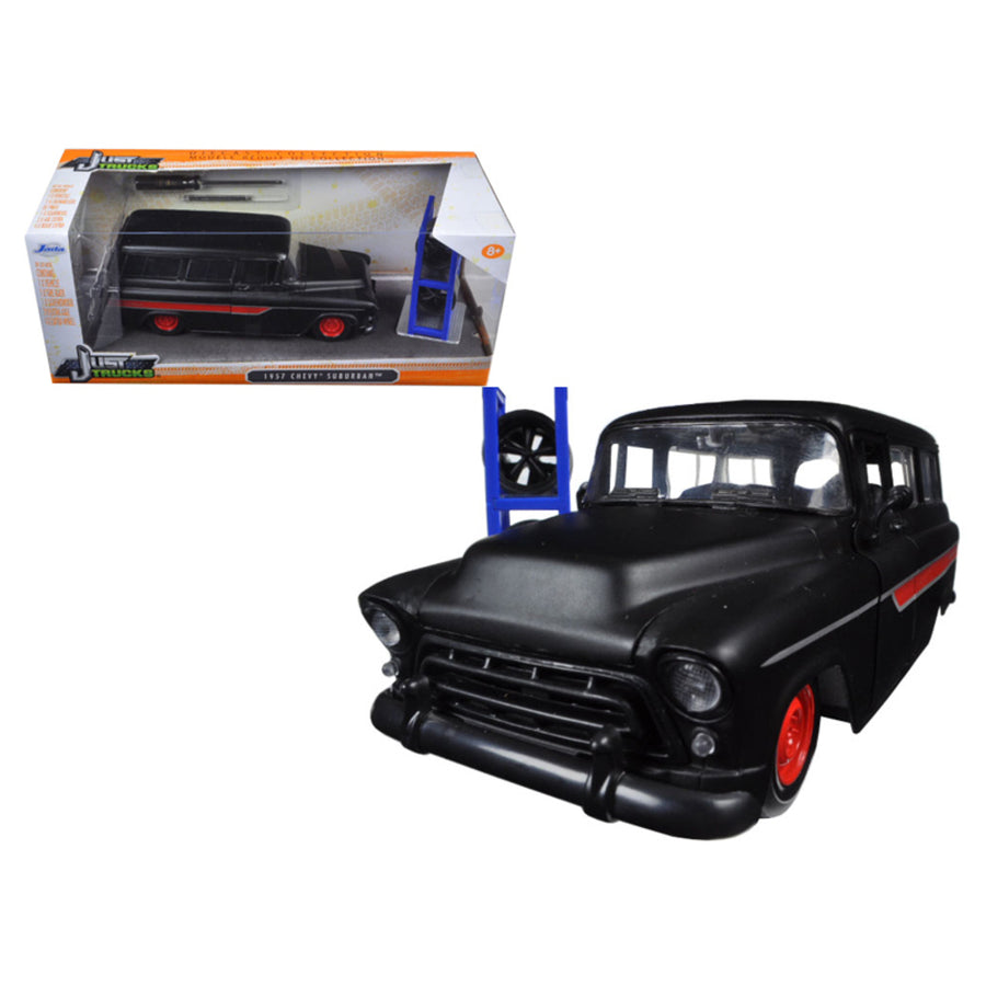 1957 Chevrolet Suburban Matt Black / Red Just Trucks With Extra Wheels 1/24 Diecast Model Car By Jada 97686