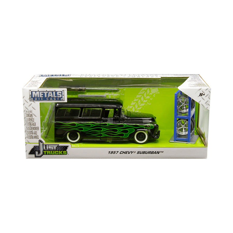 1957 Chevrolet Suburban Black With Green Flames And Extra Wheels Just Trucks Series 1/24 Diecast Model Car By Jada 97821
