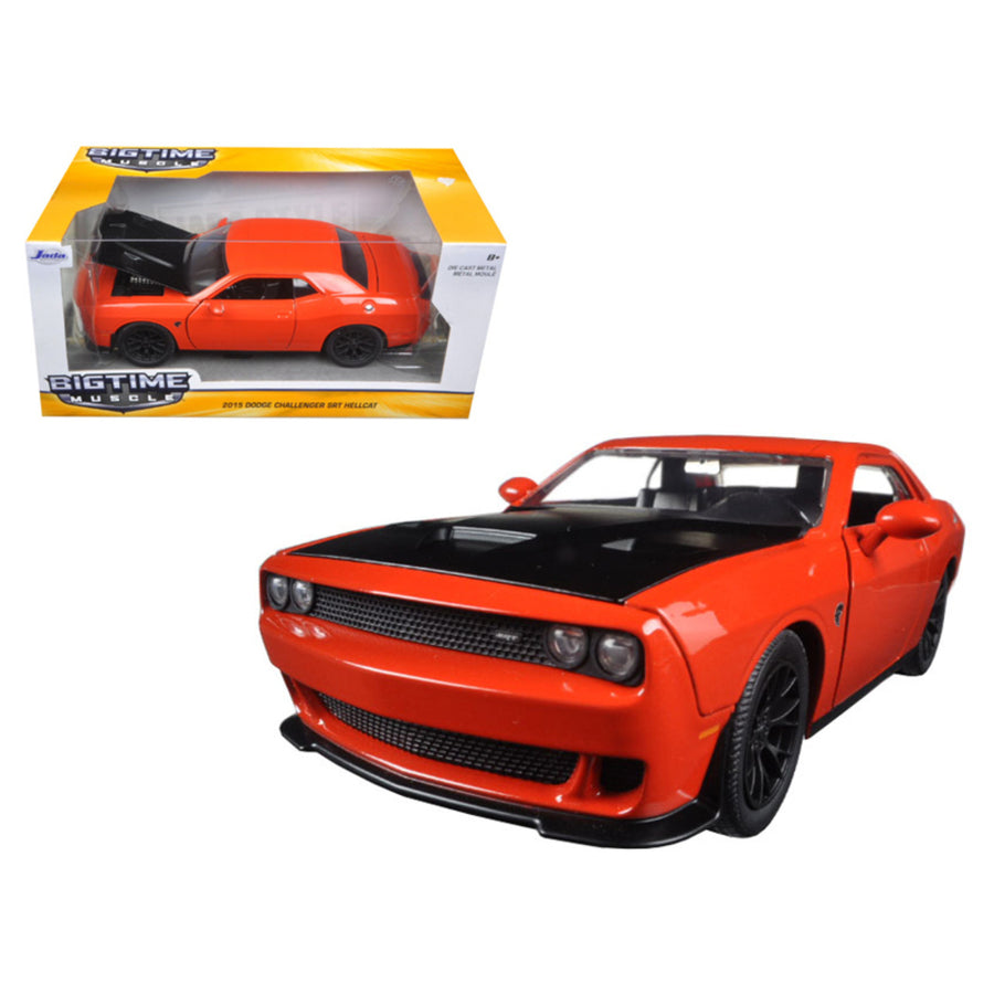 2015 Dodge Challenger Srt Hellcat Orange With Black Hood Big Time Muscle 1/24 Diecast Model Car By Jada 97853