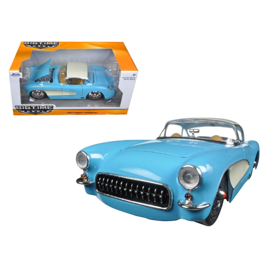 1957 Chevrolet Corvette Sky Blue With Cream Top And Side 1/24 Diecast Model Car By Jada 98162