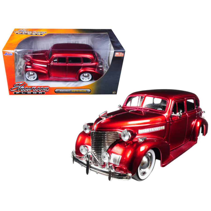 1939 Chevrolet Master Deluxe Red With Baby Moon Wheels Showroom Floor 1/24 Diecast Model Car By Jada 98881
