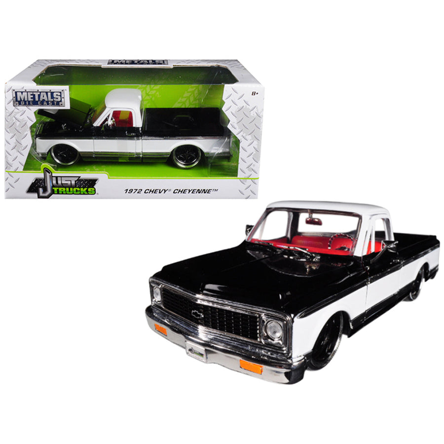1972 Chevrolet Cheyenne Pickup Truck Black And White Just Trucks 1/24 Diecast Model Car By Jada 99047