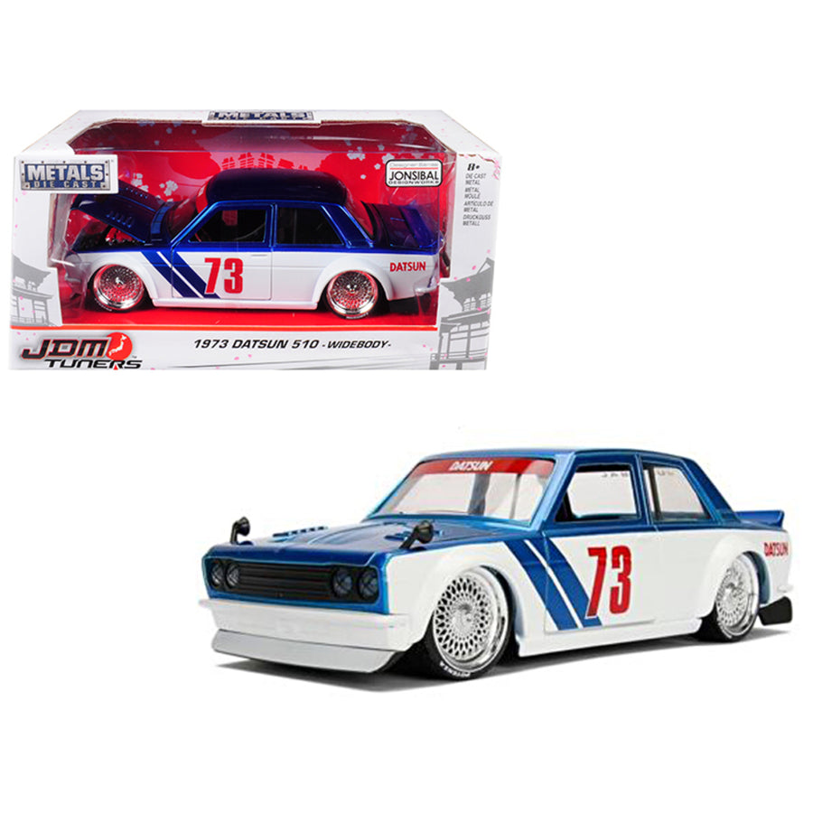 1973 Datsun 510 Widebody #73 Candy Blue And White Jdm Tuners 1/24 Diecast Model Car By Jada 99094