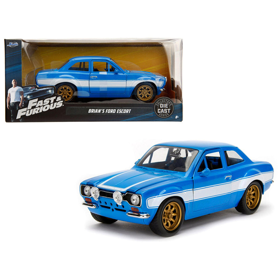 1970 Brians Ford Escort Blue With White Stripes Fast & Furious Movie 1/24 Diecast Model Car By Jada 99572