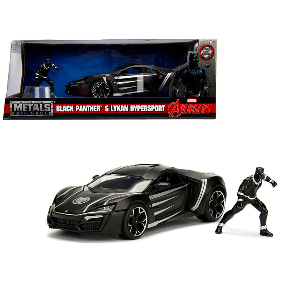 Lykan Hypersport Black With Black Panther Diecast Figure Marvel Series 1/24 Diecast Model Car By Jada 99723