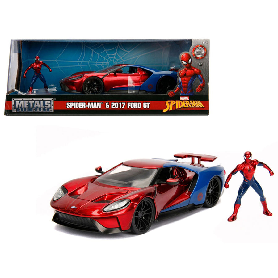 2017 Ford Gt With Spider Man Diecast Figure Marvel Series 1/24 Diecast Model Car By Jada 99725