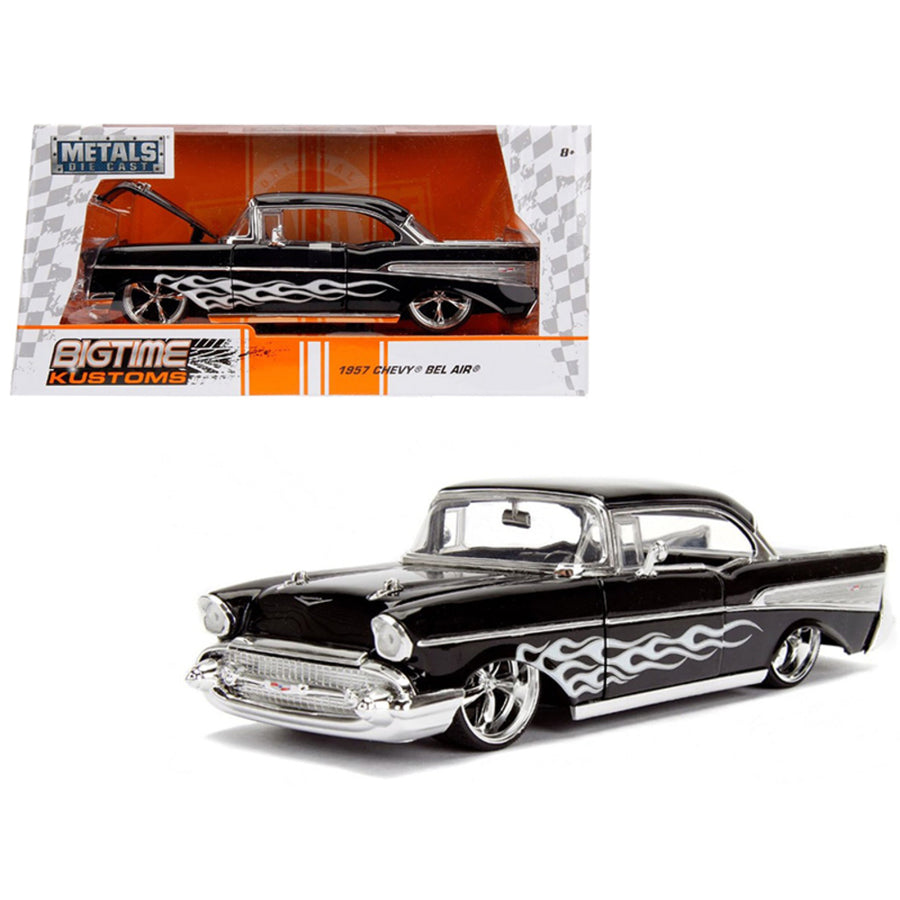 1957 Chevrolet Bel Air Black With Flames 1/24 Diecast Model Car By Jada 99965