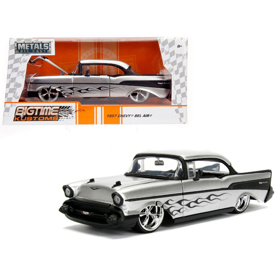 1957 Chevrolet Bel Air Silver With Flames 1/24 Diecast Model Car By Jada 99966