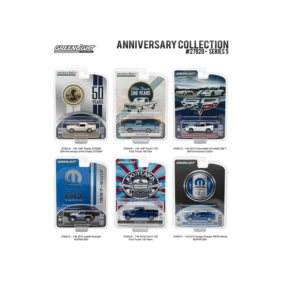 Anniversary Collection 50th Anniv Shelby / Corvette Z06 60th Anniv / Ford Trucks 100 Years /  Mopar 80th Series 5, 6pc Diecast Car Set 1/64 Diecast Model Cars By Greenlight 27920