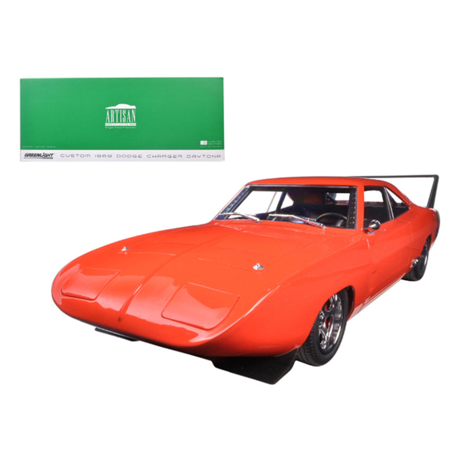 1969 Dodge Charger Daytona Custom Red/orange With Black Rear Wing 1/18 Diecast Model Car By Greenlight 19004