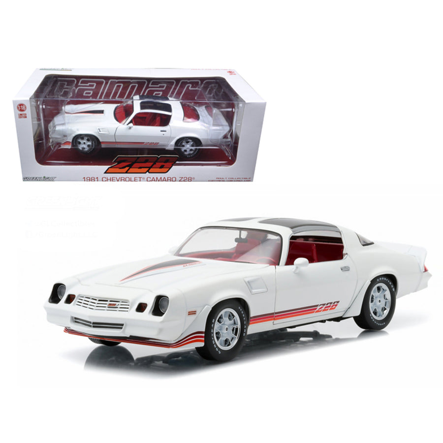 1981 Chevrolet Camaro Z/28 White With Red Stripes And Carmine Interior 1/18 Diecast Model Car By Greenlight 12906