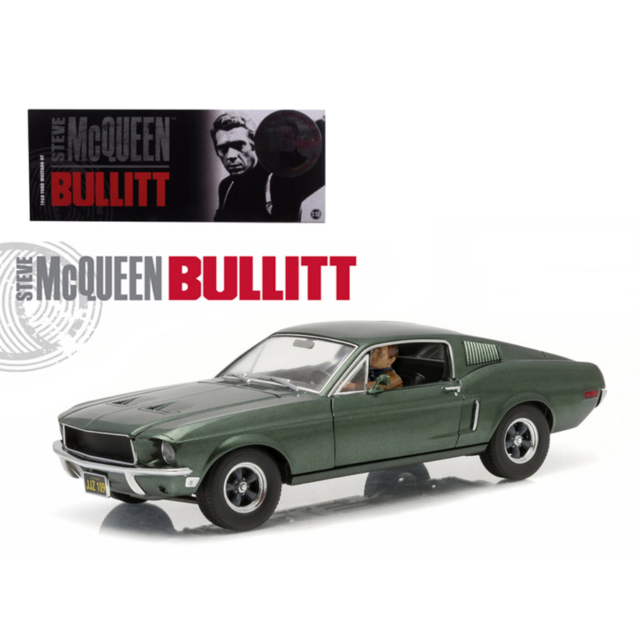 1968 Ford Mustang Gt Fastback Bullitt Highland Green With Steve Mcqueen Driving Figure 1/18 Diecast Model Car By Greenlight 12938