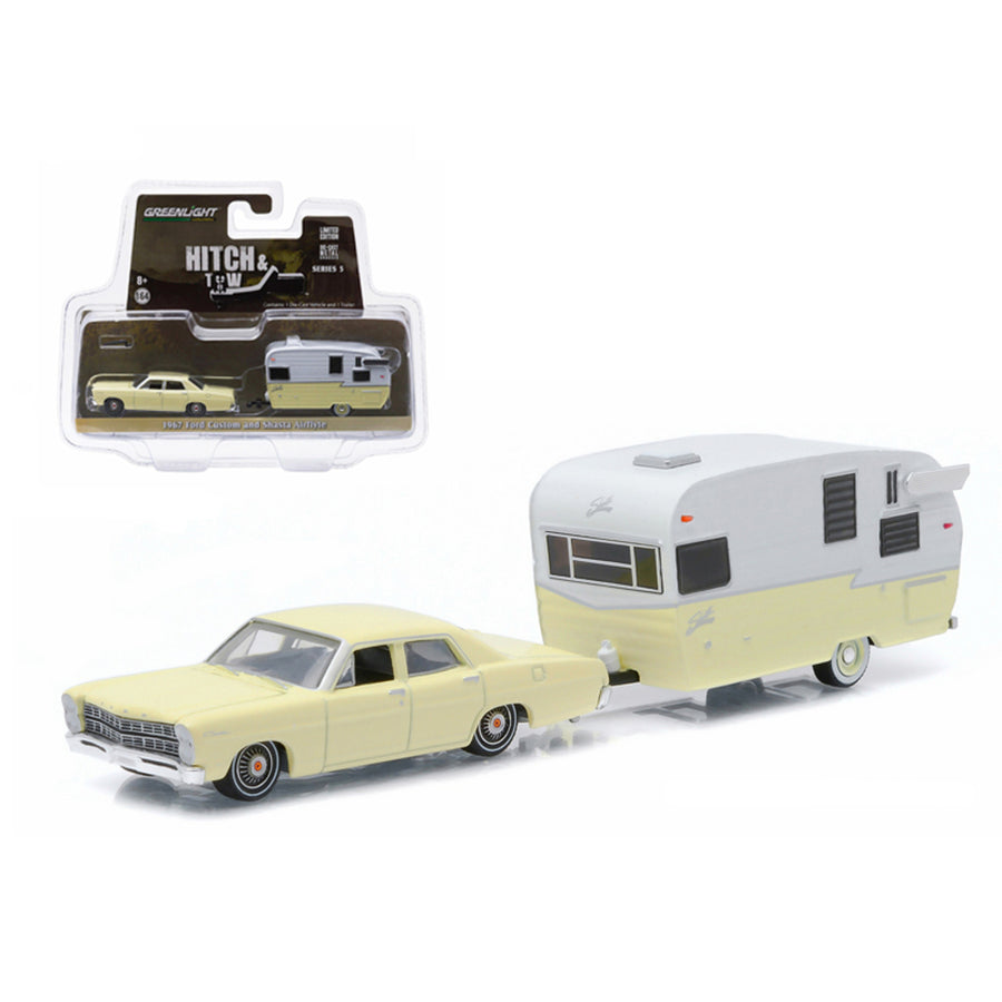 1967 Ford Custom Yellow And Shasta 15ft Airflyte 1/64 Diecast Model Car By Greenlight 32050c