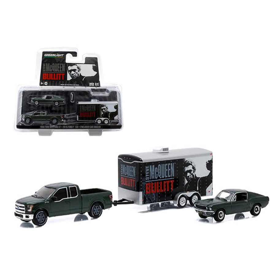 2015 Ford F-150 And 1968 Ford Mustang Gt With Enclosed Car Hauler Set Bullitt Movie 1/64 Diecast Model Cars By Greenlight 51007