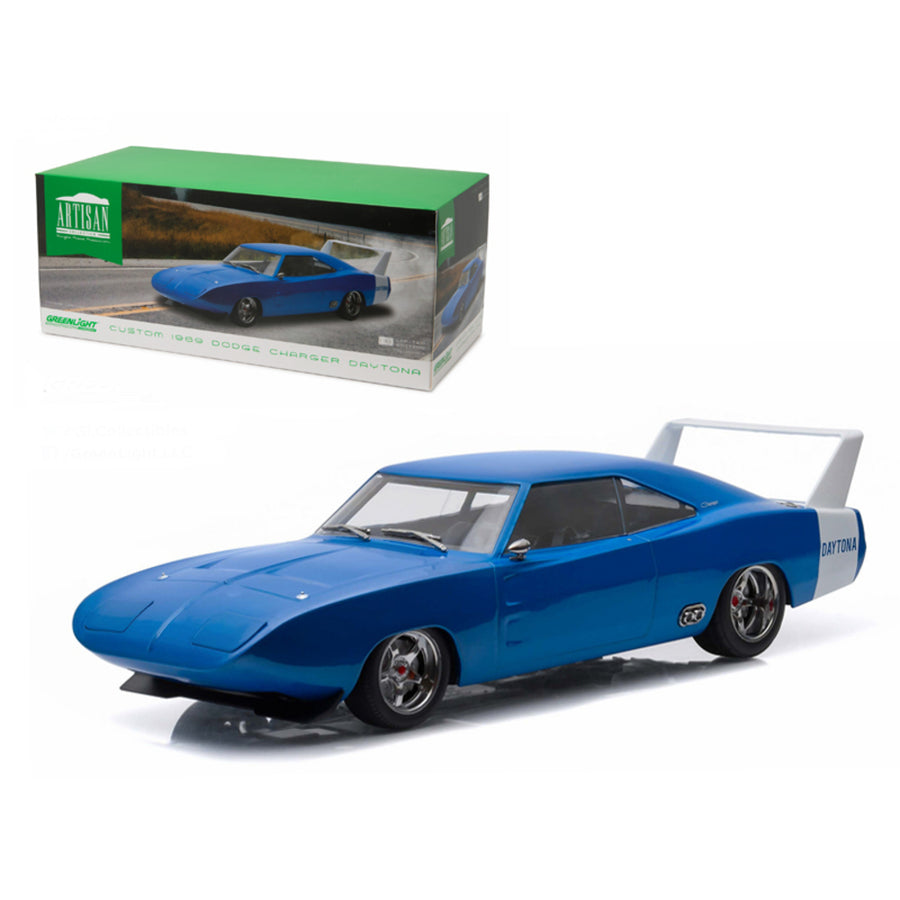 1969 Dodge Charger Daytona Custom Blue With White Rear Wing 1/18 Diecast Model Car By Greenlight 19019