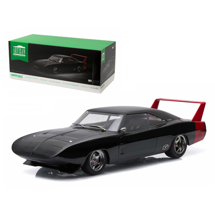 1969 Dodge Charger Daytona Custom Black With Red Rear Wing 1/18 Diecast Model Car By Greenlight 19020