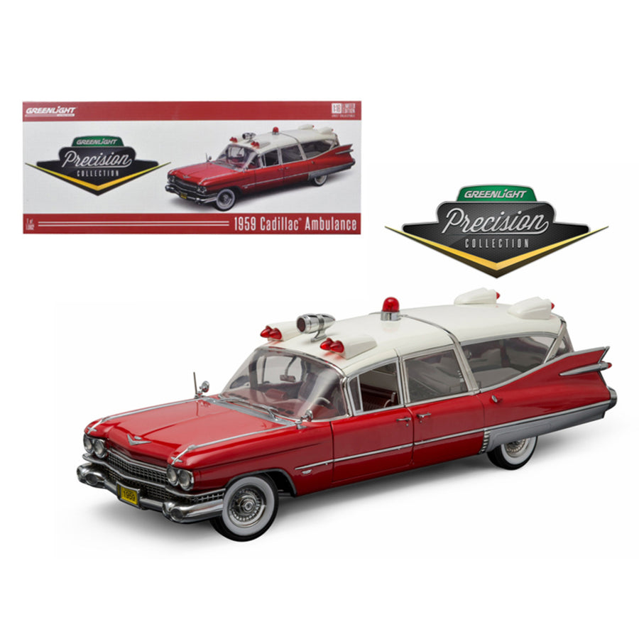 1959 Cadillac Ambulance Red And White Precision Collection 1/18 Diecast Model Car  By Greenlight 18001