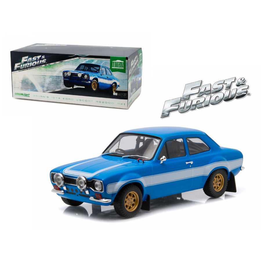 Brians 1974 Ford Escort Rs2000 Mk1 Blue With White Stripes Fast & Furious 6 Movie (2013) 1/18 Diecast Model Car By Greenlight 19022