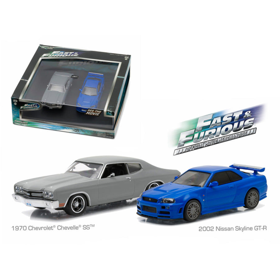 1970 Chevrolet Chevelle Ss Grey And 2002 Nissan Skyline Gt-r Blue Drag Scene Fast And Furious Movie (2009) Diorama Set 1/43 Diecast Model Cars By Greenlight 86252