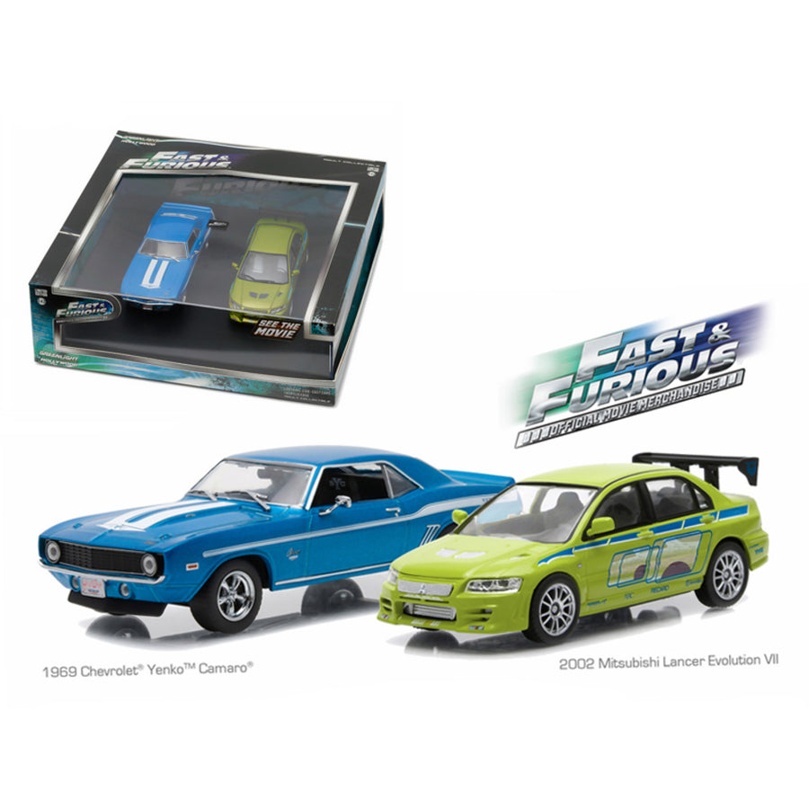 1969 Chevrolet Yenko Camaro And 2002 Mitsubishi Lancer Evolution Vii Drag Scene 2 Fast And 2 Furious Movie (2003) Diorama Set 1/43 Diecast Model Cars By Greenlight 86253