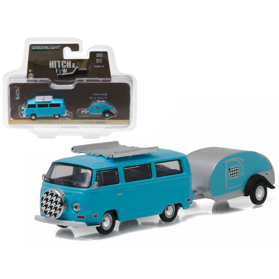 1972 Volkswagen Type 2 Bus Blue And Teardrop Trailer Hitch & Tow Series 8 1/64 Diecast Model Car By Greenlight 32080c