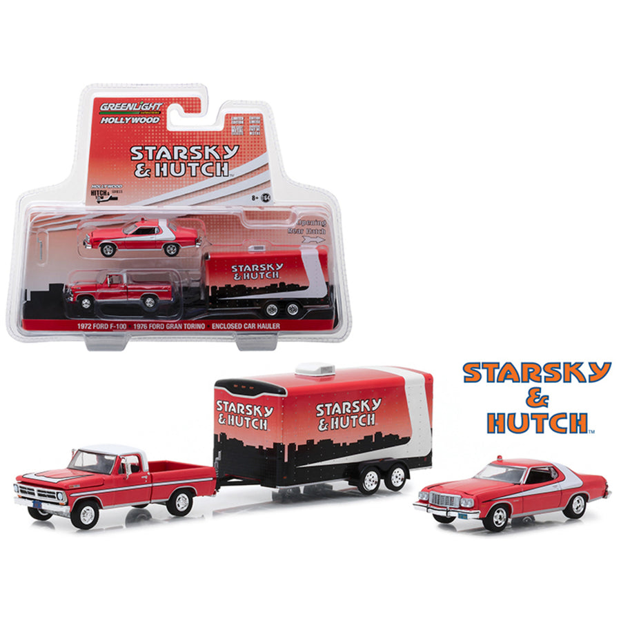 1972 Ford F-100 With 1976 Ford Gran Torino And Enclosed Car Hauler Starsky And Hutch (1975-1979) Tv Series Hollywood Hitch And Tow Series 5 1/64 Diecast Models By Greenlight 31060a