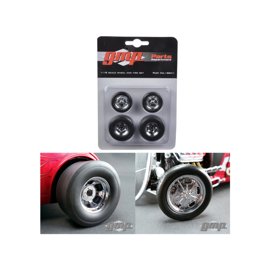 Chromed Hot Rod Drag Wheels And Tires Set Of 4 1/18 By Gmp 18841