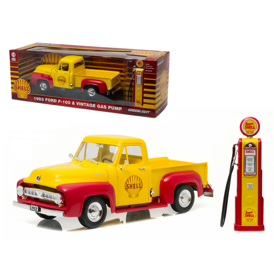 1953 Ford F-100 Pickup Truck  Shell Oil With Vintage Gas Pump 1/18 Diecast Model Car  By Greenlight 12983