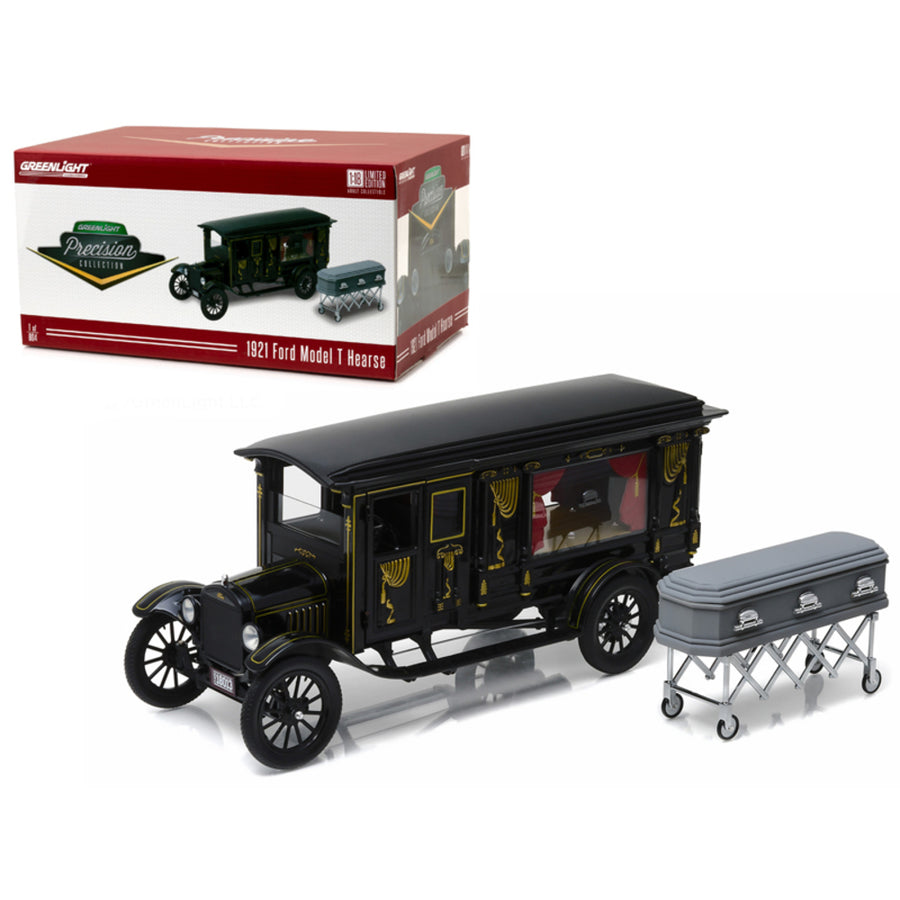 1921 Ford Model T Ornate Carved Hearse With Coffin Black Precision Collection Limited Edition 1/18 Diecast Model Car By Greenlight 18013