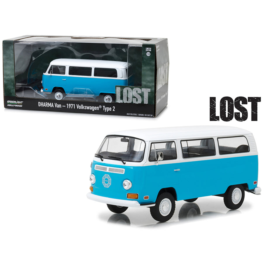 1971 Volkswagen Type 2 (t2b) Dharma Van Blue With White Top Lost (2004-2010) Tv Series 1/24 Diecast Model By Greenlight Gl84033