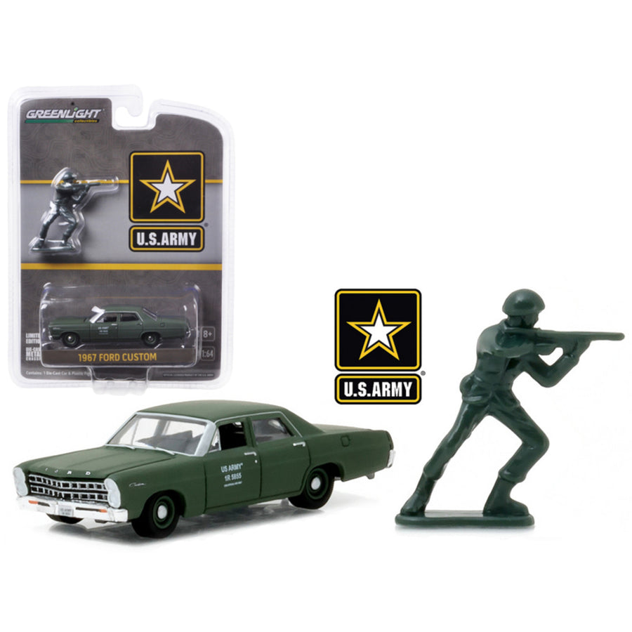 1967 Ford Custom U.s. Army With U.s. Army Soldier Figure 1/64 Diecast Model Car By Greenlight 29883