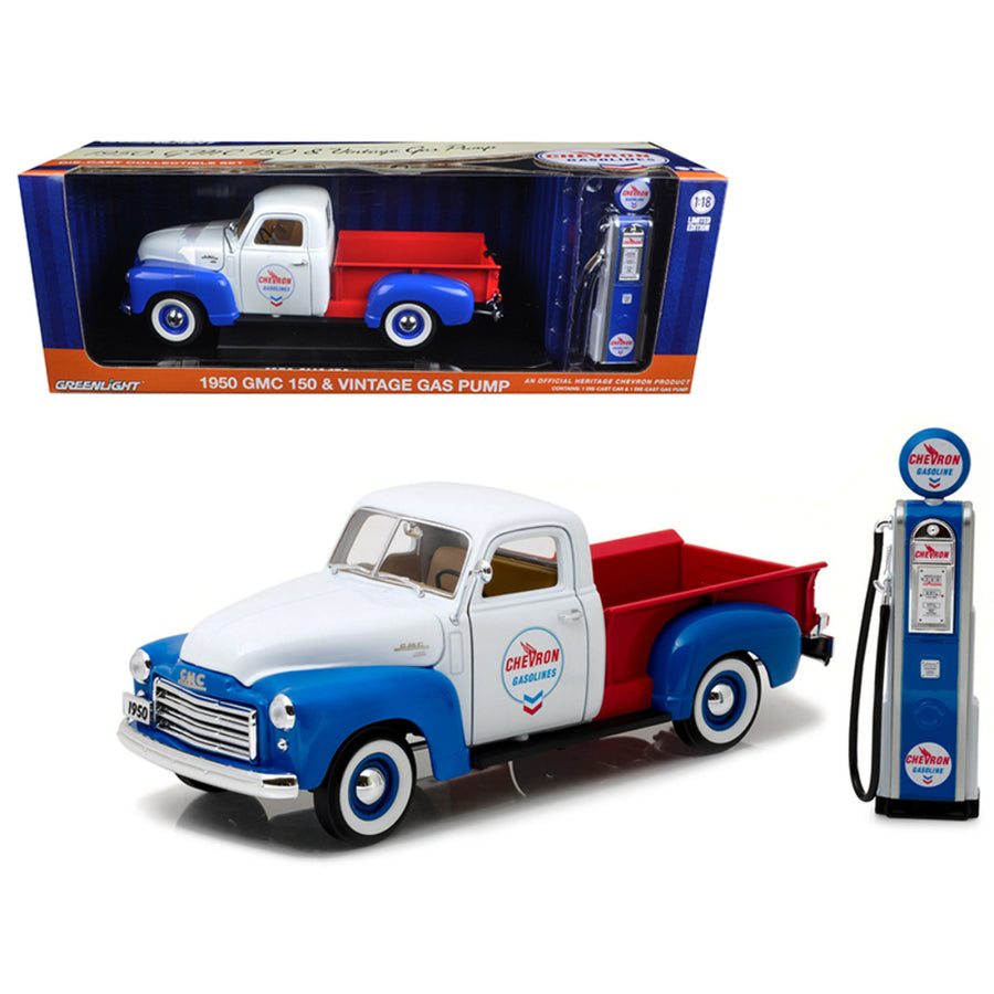 1950 Gmc 150 Pickup Truck Chevron With Vintage Gas Pump 1/18 Diecast Model Car By Greenlight 12992