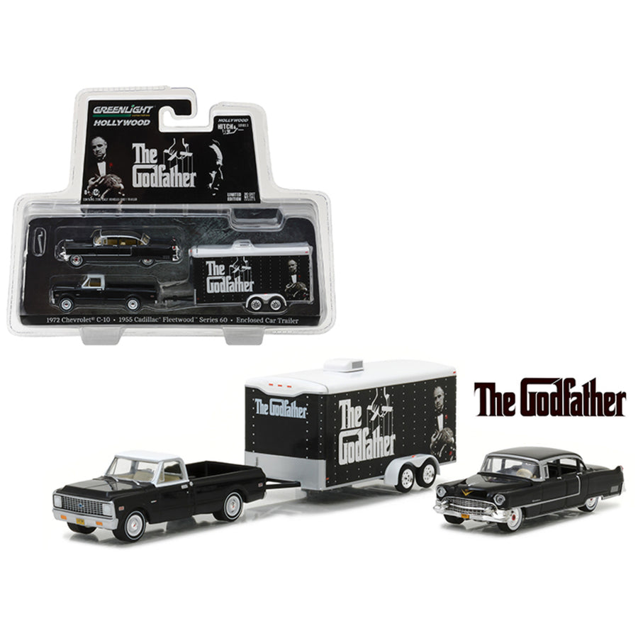 1972 Chevrolet C-10 With 1955 Cadillac Fleetwood Series 60 Special In Enclosed Car Trailer The Godfather Movie (1972) Hollywood Hitch & Tow Series 3 1/64 Diecast Model Cars  By Greenlight 31030b
