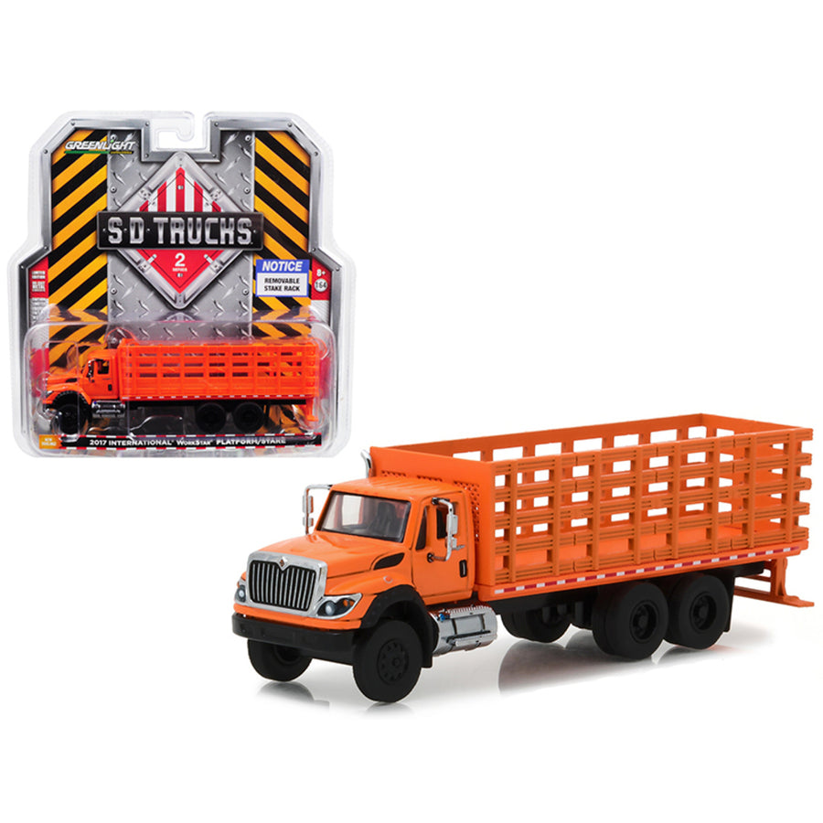 2017 International Workstar Platform Stake Truck Orange Sd Trucks Series 2 1/64 Diecast Model By Greenlight 45020b