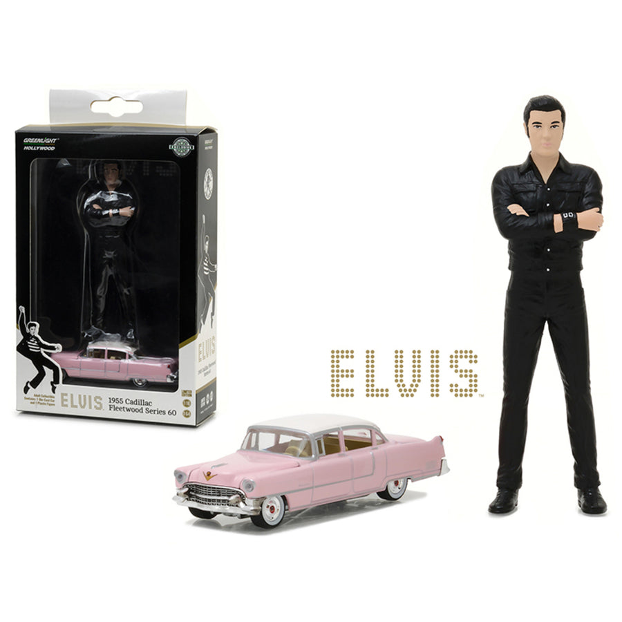 1955 Cadillac Fleetwood Series 60 Pink Cadillac 1/64 With 1/18 Elvis Presley Figure Hobby Exclusive Diecast Model Car By Greenlight 29898