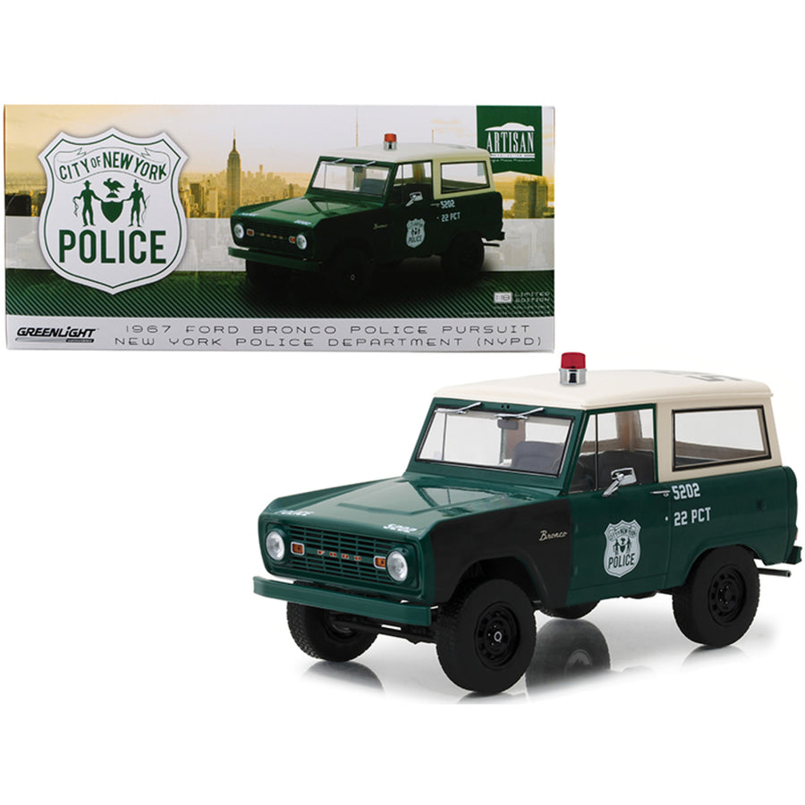 1967 Ford Bronco Police Pursuit New York City Police Department (nypd) Green With Cream Top 1/18 Diecast Model Car By Greenlight 19036