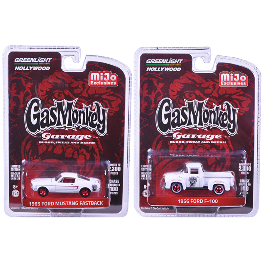 1956 Ford F-100 Pickup Truck And 1965 Ford Mustang Fastback White Set Of 2 Cars Gas Monkey Garage (2012-current Tv Series) 1/64 Diecast Model Cars By Greenlight 51119