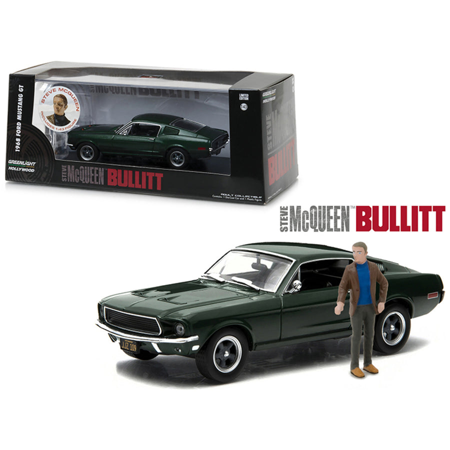1968 Ford Mustang Gt Fastback Green Steve Mcqueen Bullitt Movie (1968) With Steve Mcqueen Figurine 1/43 Diecast Model Car By Greenlight 86433
