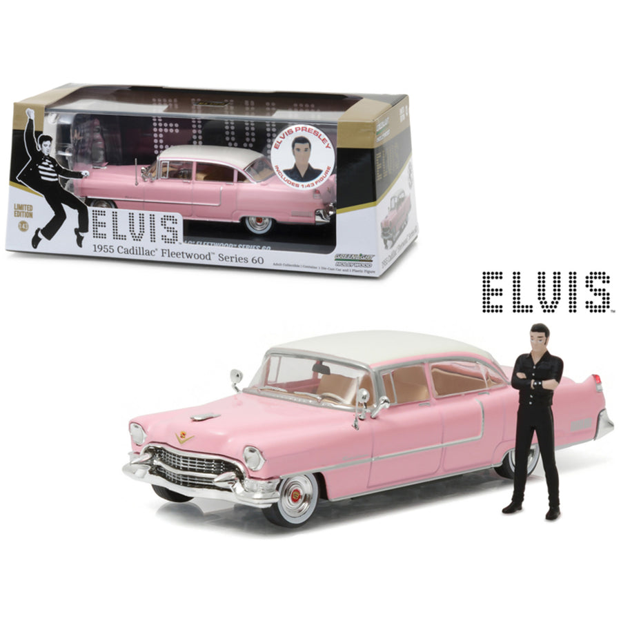 Elvis Presleys 1955 Pink Cadillac Fleetwood Series 60 With Elvis Presley Figurine 1/43 Diecast Model Car By Greenlight 86436