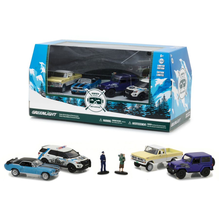 Aspen, Colorado Ski Lodge 6pc Set Multi Car Diorama With Figurines 1/64 Diecast Model Cars By Greenlight 58044