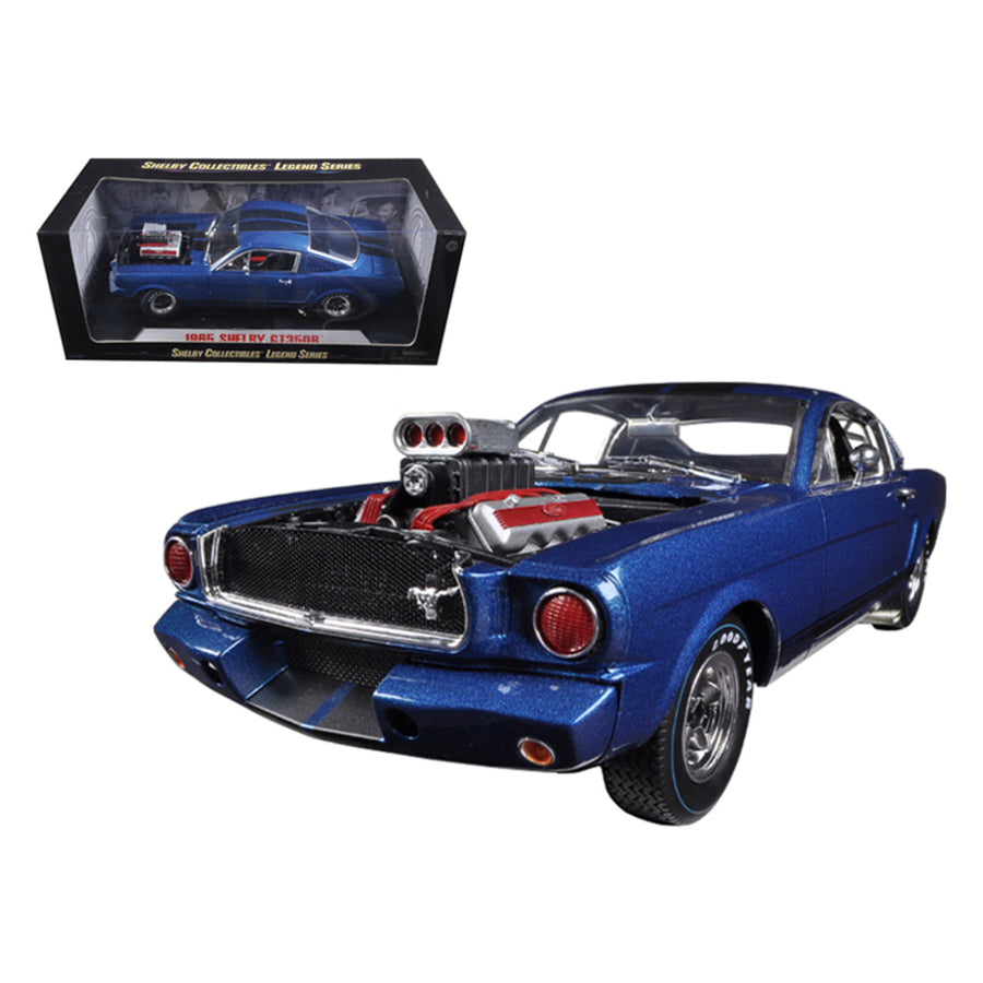 1965 Ford Shelby Mustang Gt350r With Racing Engine Blue With Black Stripes 1/18 Diecast Car Model By Shelby Collectibles Sc510