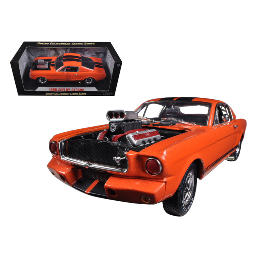 1965 Ford Shelby Mustang Gt350r With Racing Engine Orange With Black Stripes 1/18 Diecast Car Model By Shelby Collectibles Sc514