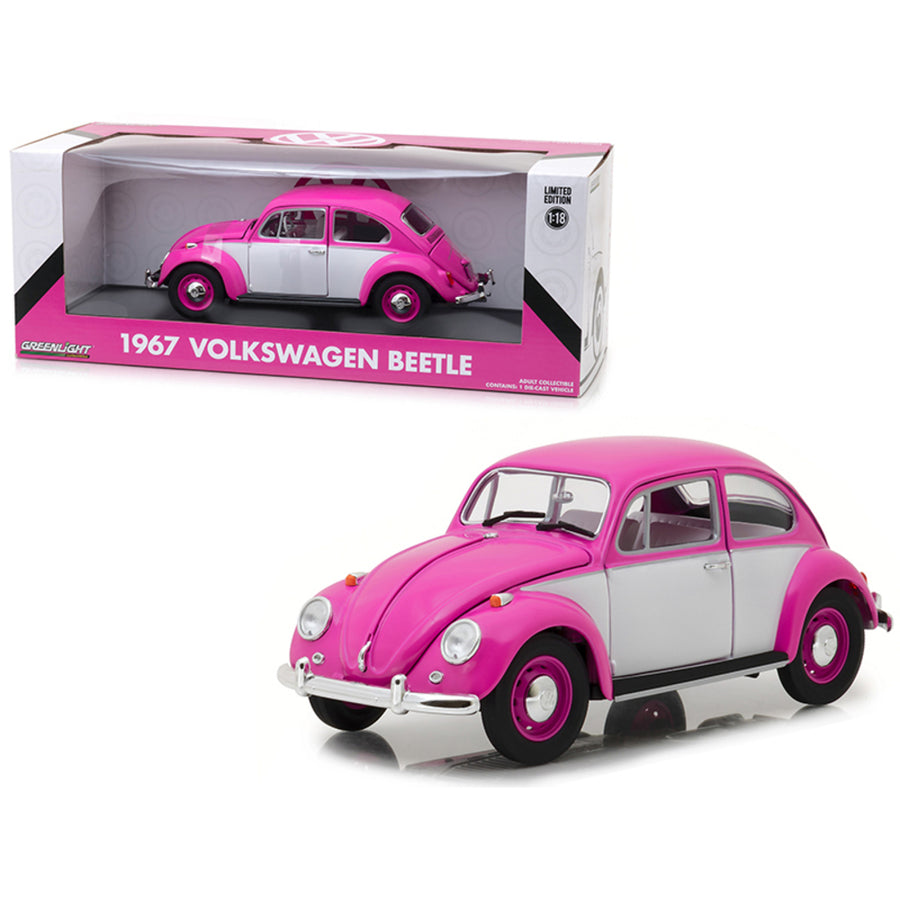 1967 Volkswagen Beetle Right Hand Drive Pink And White 1/18 Diecast Model Car By Greenlight 13512
